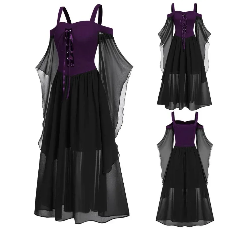 Medieval Renaissance Dress Women - 新しい中世魔女ドレス女性のためのハロウィンカーニバル女性プラスサイズコールドショルダー蝶スリーブハロウィンゴシックドレス