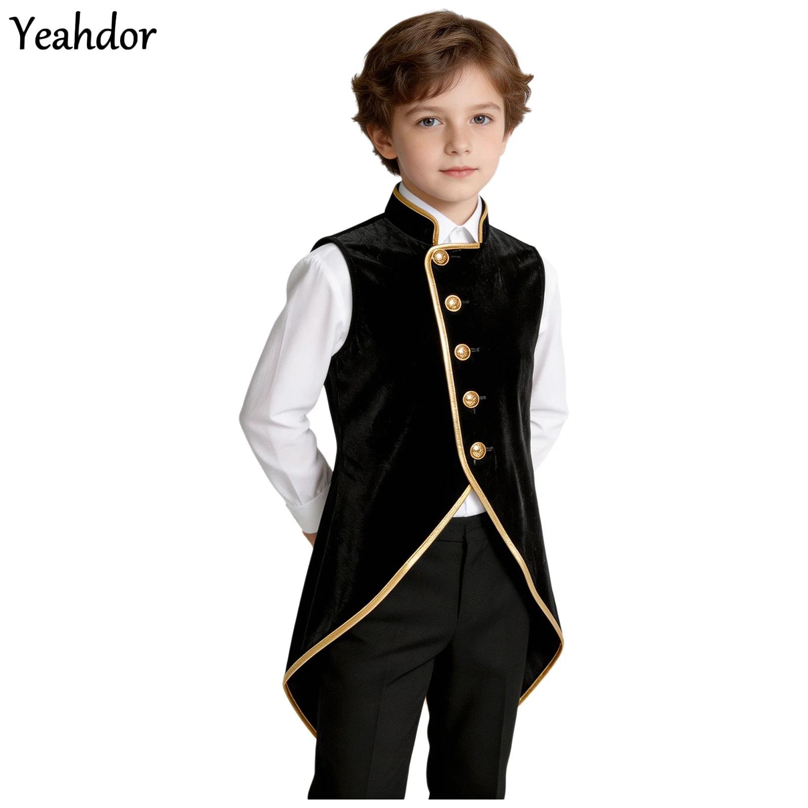 Costumes - 男の子用レトロ中世ルネサンススチームパンクゴシックベルベットテールコートジャケットメタリックトリムビクトリア朝ベストカーニバルハロウィンコスチューム