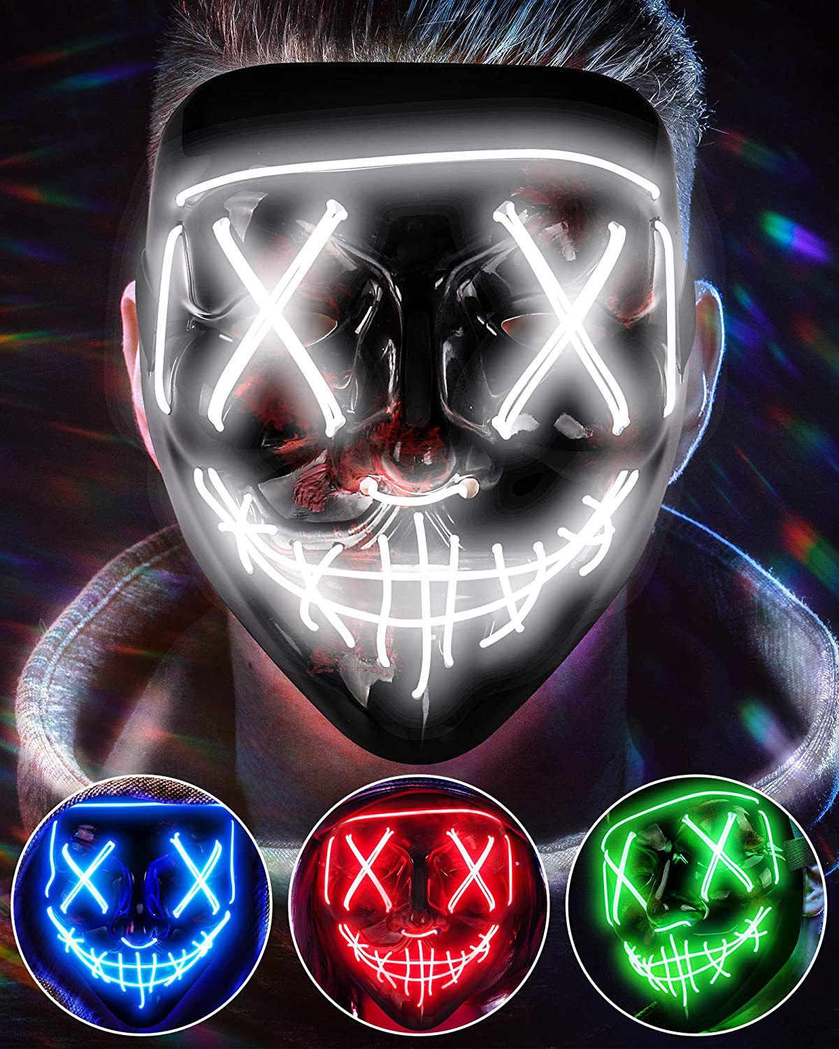 Led Purge Mask Halloween - ワイヤレス怖い光るマスク、LEDライトパージ、ハロウィーンホラーネオンライトアップ、コスプレパーティー、フェスティバル用品