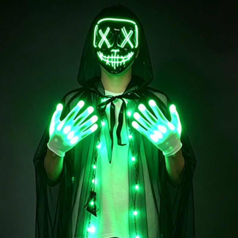 Led Purge Mask Halloween - LEDスカルマスク ライトアップグローブセット ネオンスケルトンフェイスマスク 光るパージマスクとグローブ コスプレ ハロウィンパーティー用マスク小道具