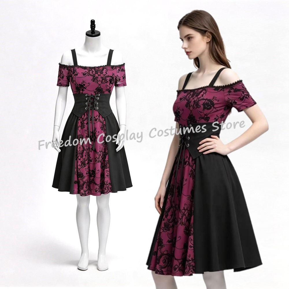 Medieval Renaissance Dress Women - 2026 女性の中世ゴシックパンク赤黒ダークプリントタンクドレス Vestidos ハロウィンヴァンパイアコスプレショートドレス