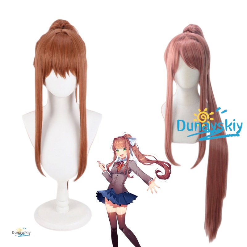 Anime Cosplay Wig Heat Resistant - DDLC モニカキャラクターコスプレウィッグロングナチュラルポニーテール 80 100 センチメートル弓アクセサリー付き耐熱ウィッグハロウィン衣装用