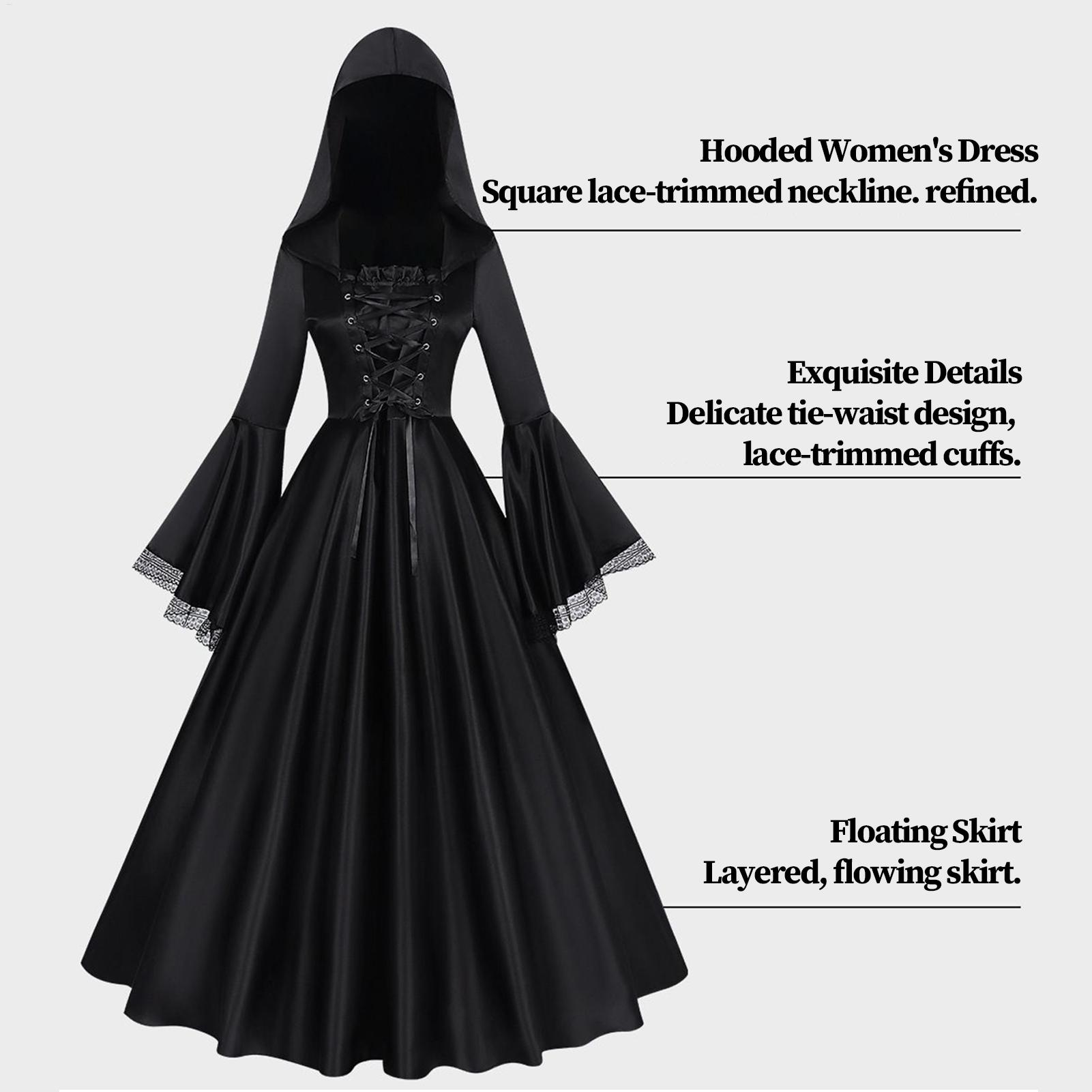 ハロウィン魔女コスチューム 中世ゴシックロングドレス フード - Medieval Renaissance Dress Women のレビューと価格