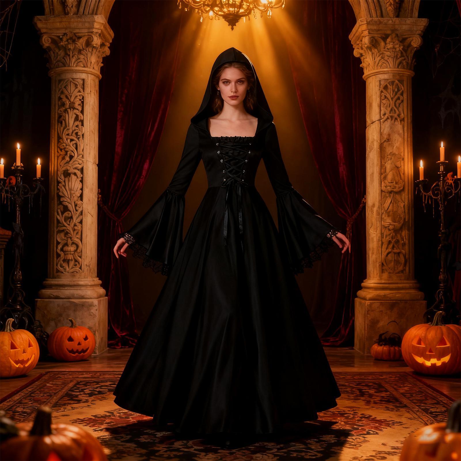 ハロウィン魔女コスチューム 中世ゴシックロングドレス フード - Medieval Renaissance Dress Women のレビューと価格