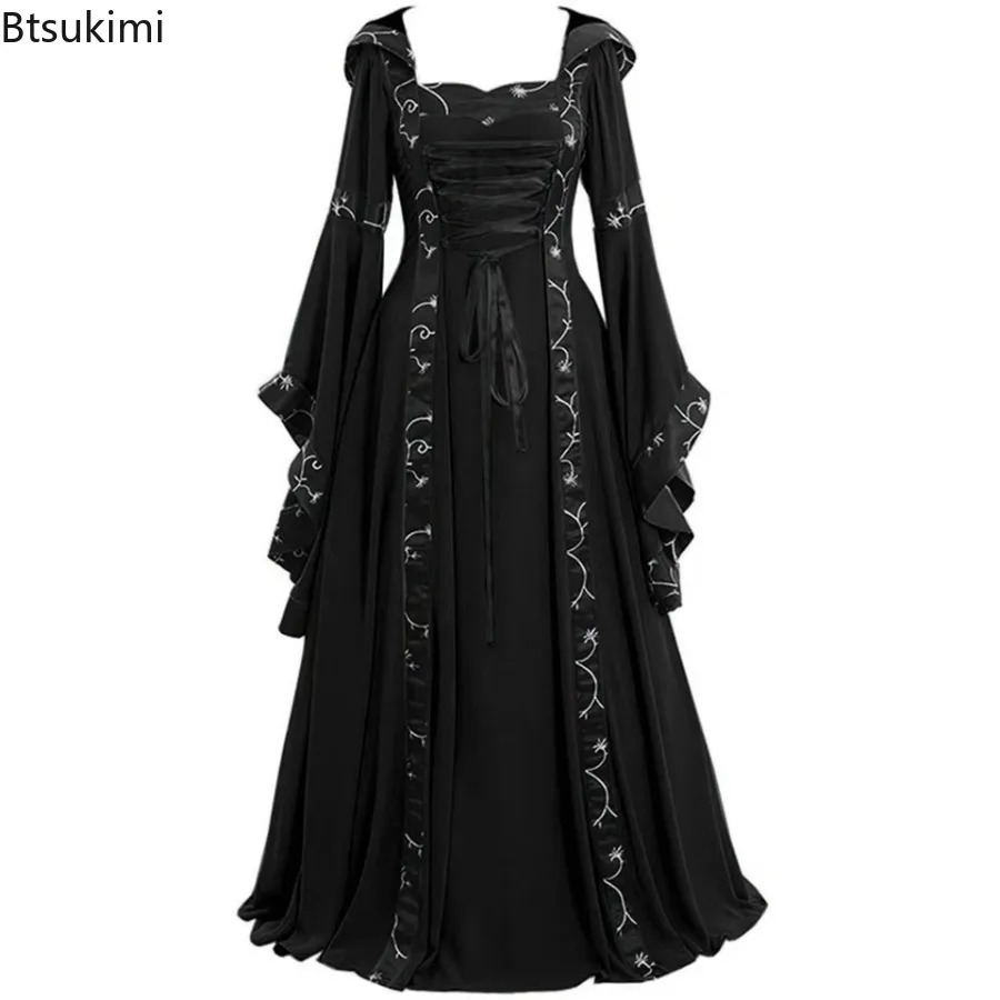 新作、女性用、中世ゴシック風、フード付き、ロング丈ドレス、ビ - Medieval Renaissance Dress Women のレビューと価格