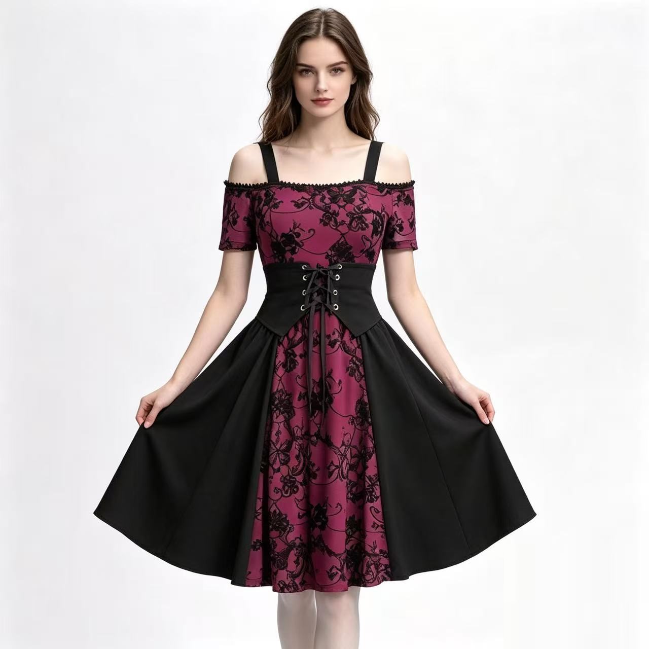 2026 女性の中世ゴシックパンク赤黒ダークプリントタンクド - Medieval Renaissance Dress Women のレビューと価格